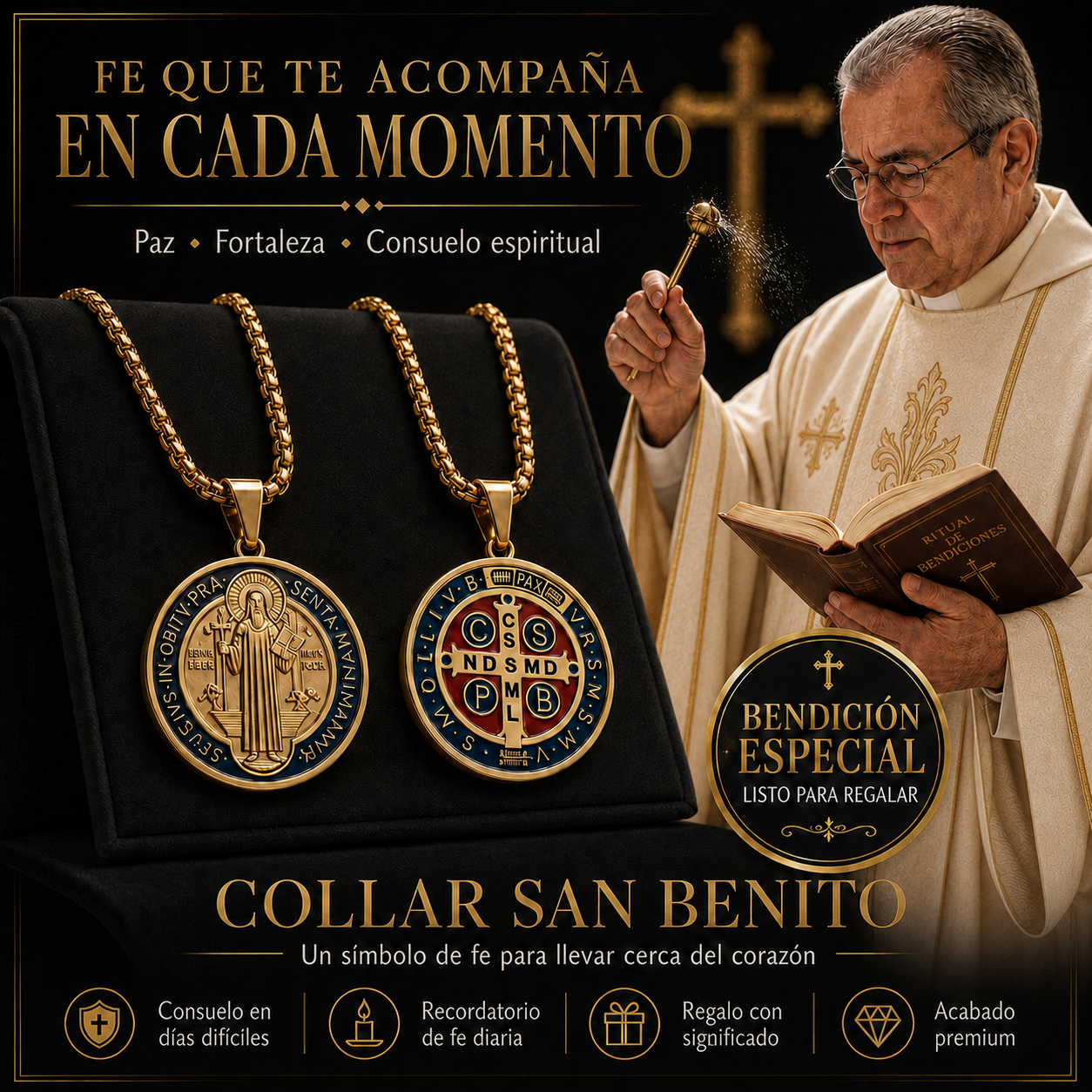 2x1 Collar San Benito  - Bendición y Prosperidad. Bañado en Oro