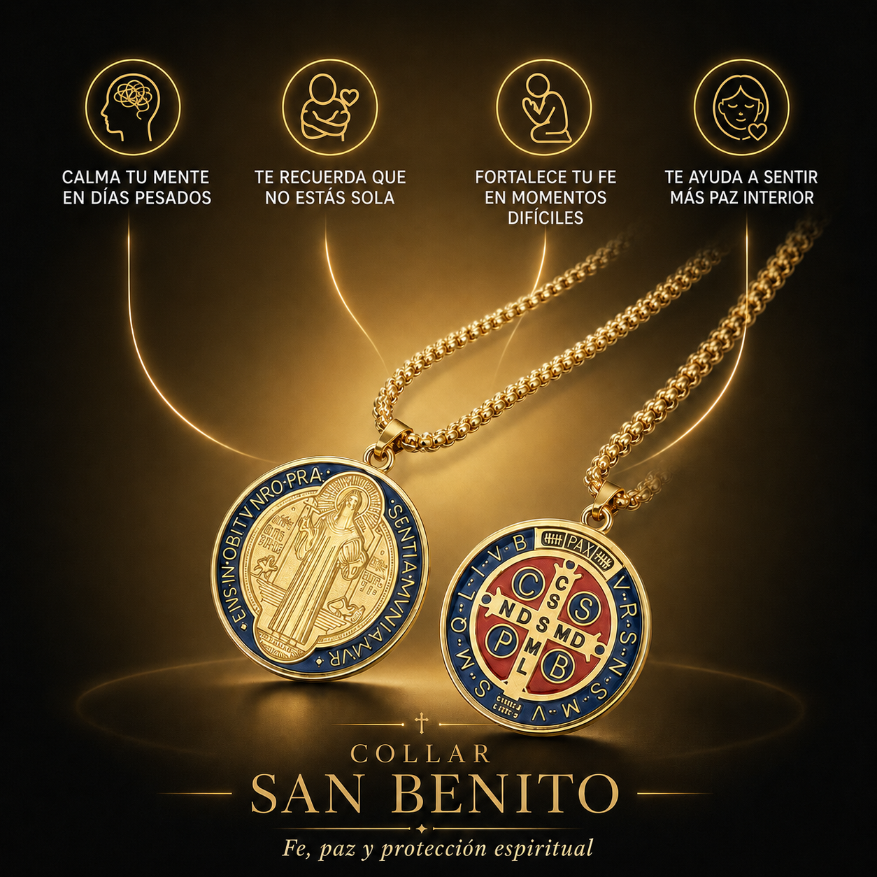 2x1 Collar San Benito  - Bendición y Prosperidad. Bañado en Oro