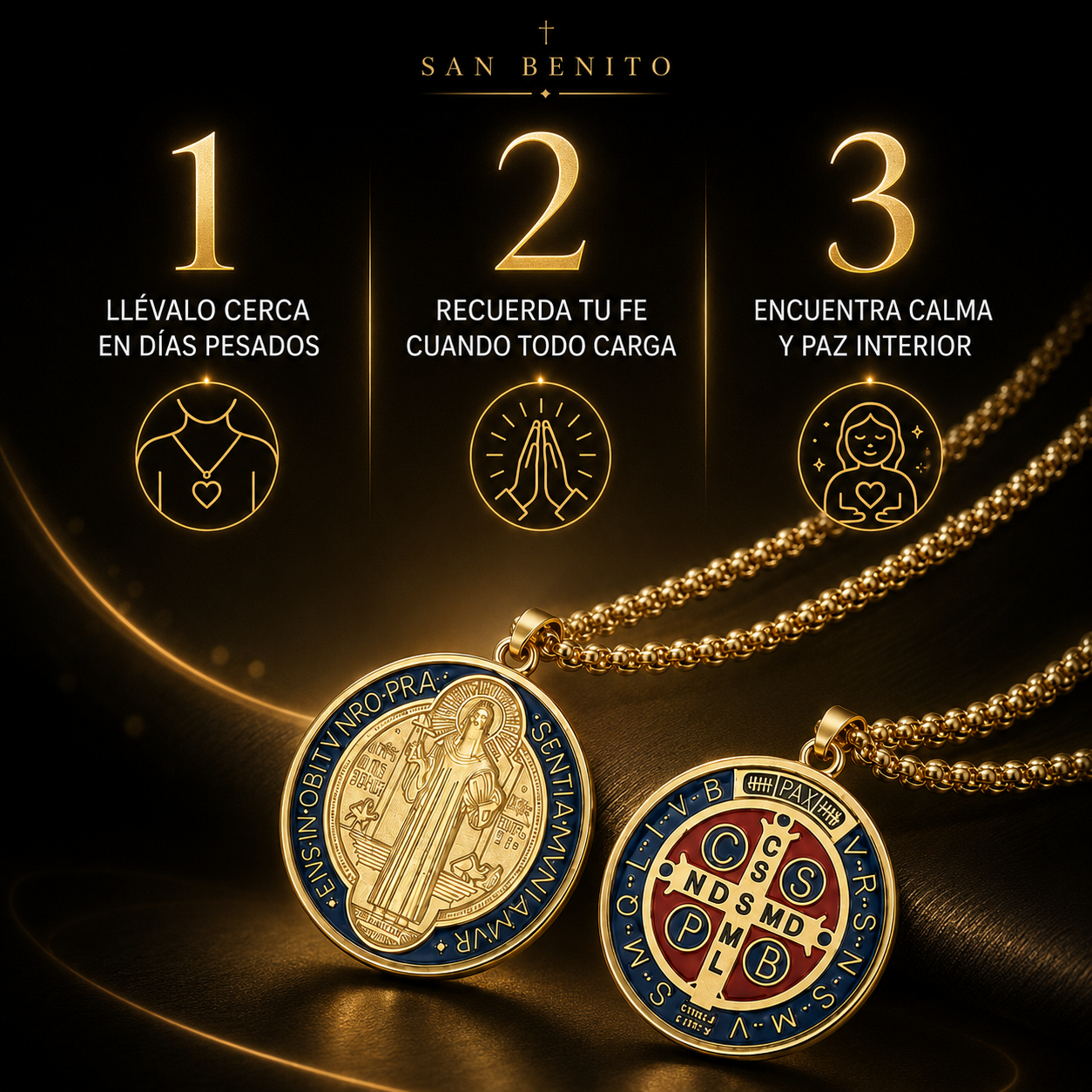 2x1 Collar San Benito  - Bendición y Prosperidad. Bañado en Oro