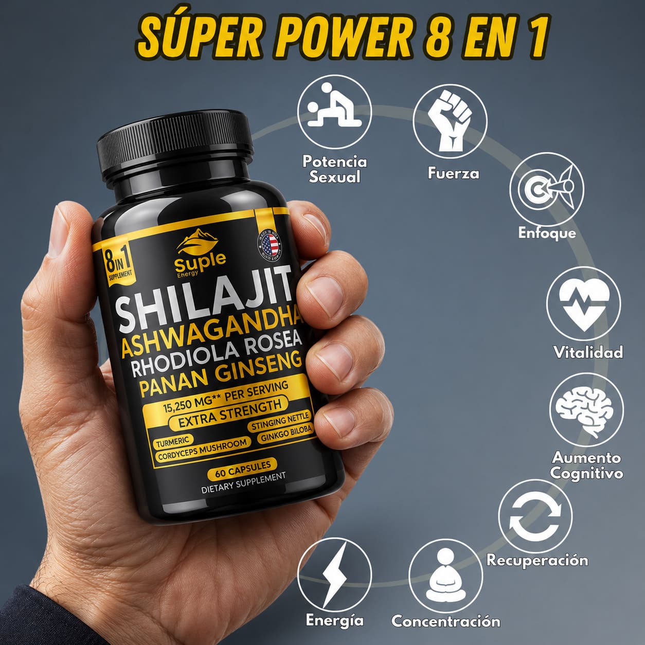 Super Power 8 en 1 (Shilajit + Ashwagandha + Rhodiola Rosea + Panax + Ginseng y más) 60caps