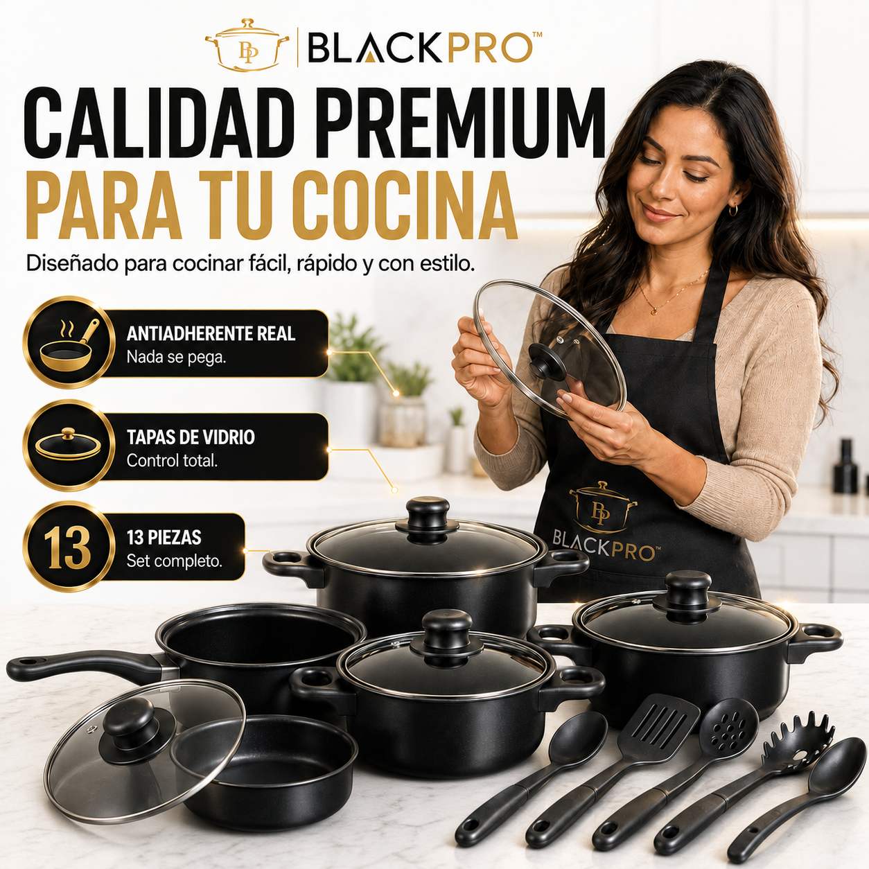 BlackPro® | Set de Cocina Antiadherente 13 Piezas premium